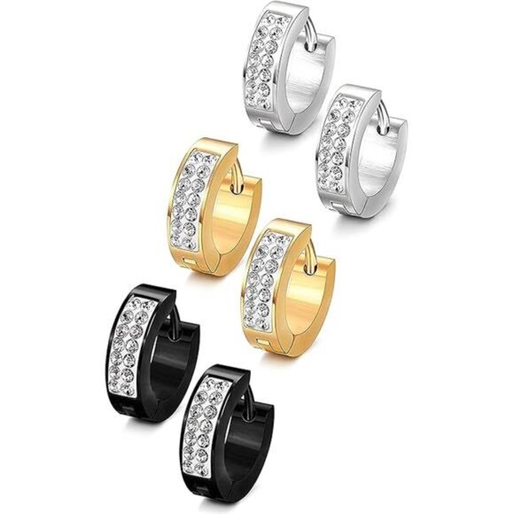 Stainless Steel Mens Hoop Earrings Huggie Earrings CZ Piercings 3 - Picture 7 of 7